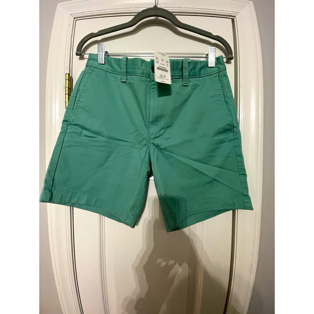 J.CREW Men's Green Solid Cotton Chino Shorts Flat Front Button Pockets 7"